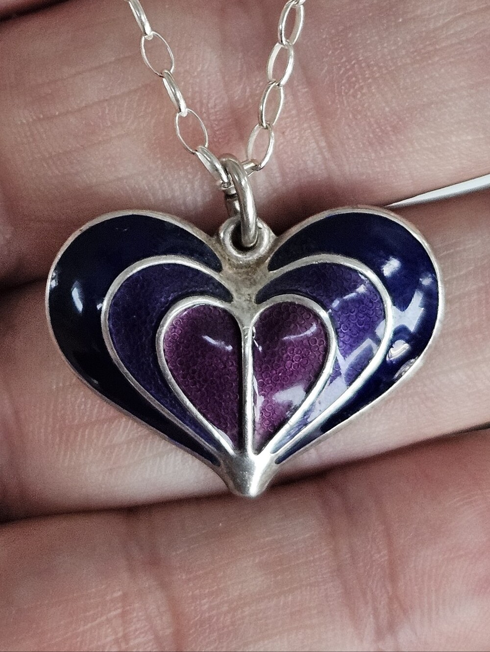 David Andersen Norway Sterling Silver Purple Enamel Heart Pendant Necklace